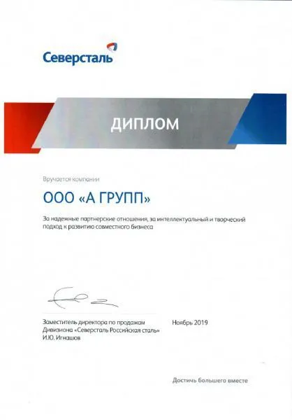 Диплом Северсталь, 2019 г.